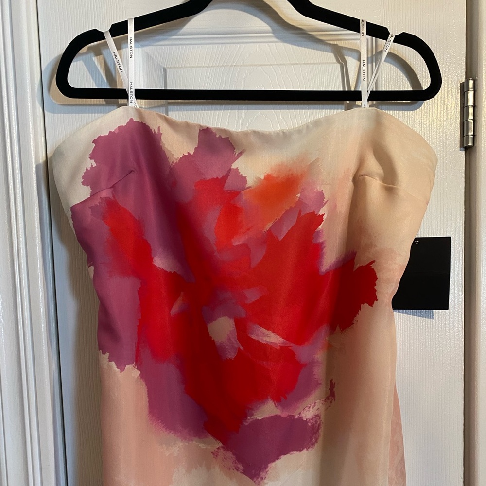 NWT Halston Strapless Chiffon Floor Length Dress Pink Fushia Cream Size 14